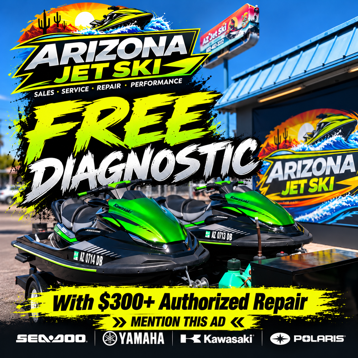 Free diagnostic jet ski repair promotion at Arizona Jet Ski in Phoenix